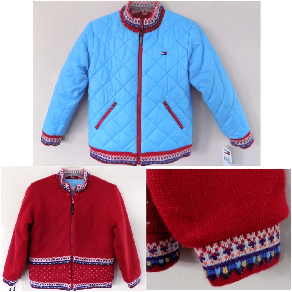 NWT Kids reversible parka M Blue quilted Red knit Winter jacket Tommy Hilfiger